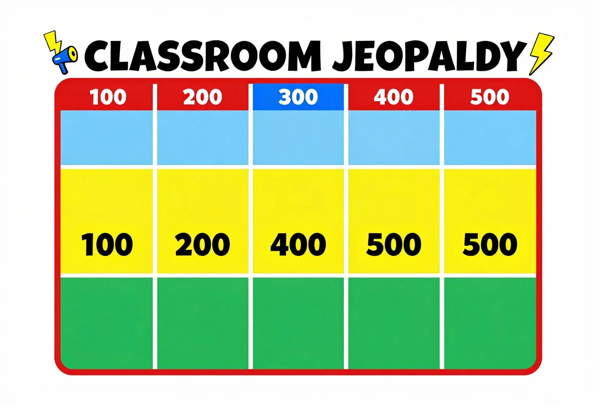Quiz boards — A landscape board titled "CLASSROOM JEOPARDY" with five blank category bands across the top and a five-by-five grid of tiles beneath, each tile showing a point value — 100, 200, 300, 400, 500 rising down each column — a small drawn buzzer and a lightning bolt in the header corners., bright flat classroom design, bold primary colours, rounded corners, clean vector