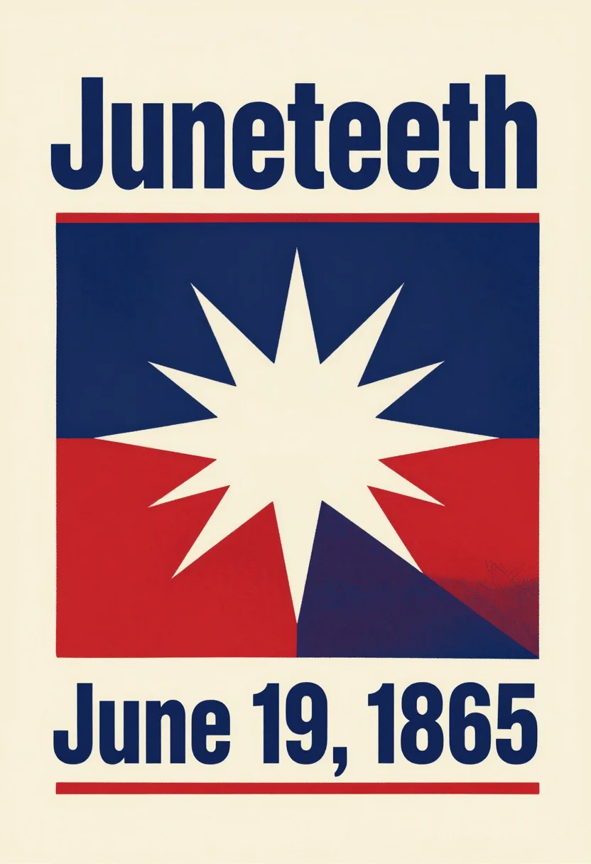 Juneteenth posters — the red, white and blue Juneteenth flag with its white bursting star in the center, "Juneteenth" lettered above and "June 19, 1865" below, two-layer screen-printed poster with bold flat shapes, hard edges and a slight misregistration between the inks