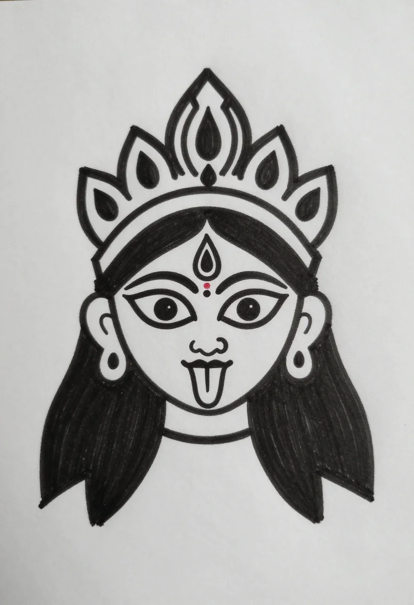 Kali Puja drawings — the face of Maa Kali with large wide eyes, a third eye on the forehead, an outstretched tongue and a tall crown over flowing hair, an easy drawing a child can copy, thick uniform black outlines, simple rounded shapes and few details, no shading, no hatching