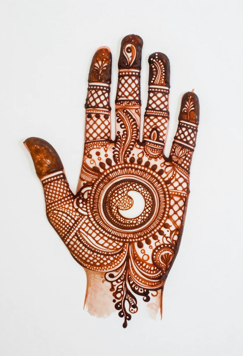Karva Chauth mehndi — a full-palm design with a round sieve at the centre and the full moon seen through its mesh, paisleys and vines running up the fingers, traditional Indian work in a fine cone line, dense jaali netting, checkerboard and dot fills between the motifs