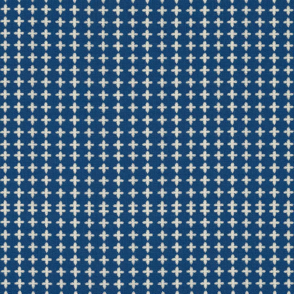 Kasuri — Small crosses scattered in an even grid, each arm feathered at the tip where the thread resist ended, deep indigo on a paler indigo ground, the rows drifting a fraction out of line as the cloth was beaten down., warp-and-weft ikat on hand-spun cotton, threads bound and indigo-dipped many times before the loom