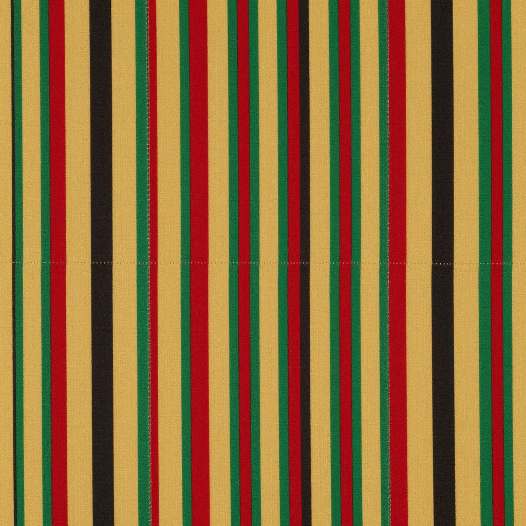 Kente — Narrow vertical bands in a fixed stripe sequence — gold, black, green, red — running the length of each strip, the strips sewn together slightly out of register so the stripe rhythm jumps at every seam., narrow-strip weaving in silk and cotton on a double-heddle loom, the strips hand-sewn edge to edge