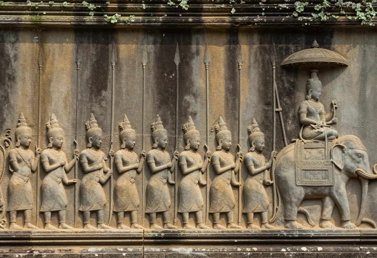 Khmer bas-relief — a marching army in shallow relief, rows of soldiers with spears and shields in profile, officers riding elephants under parasols, the tiers overlapping, shallow bas-relief in grey sandstone, raking light, worn edges, lichen and moss in the recesses