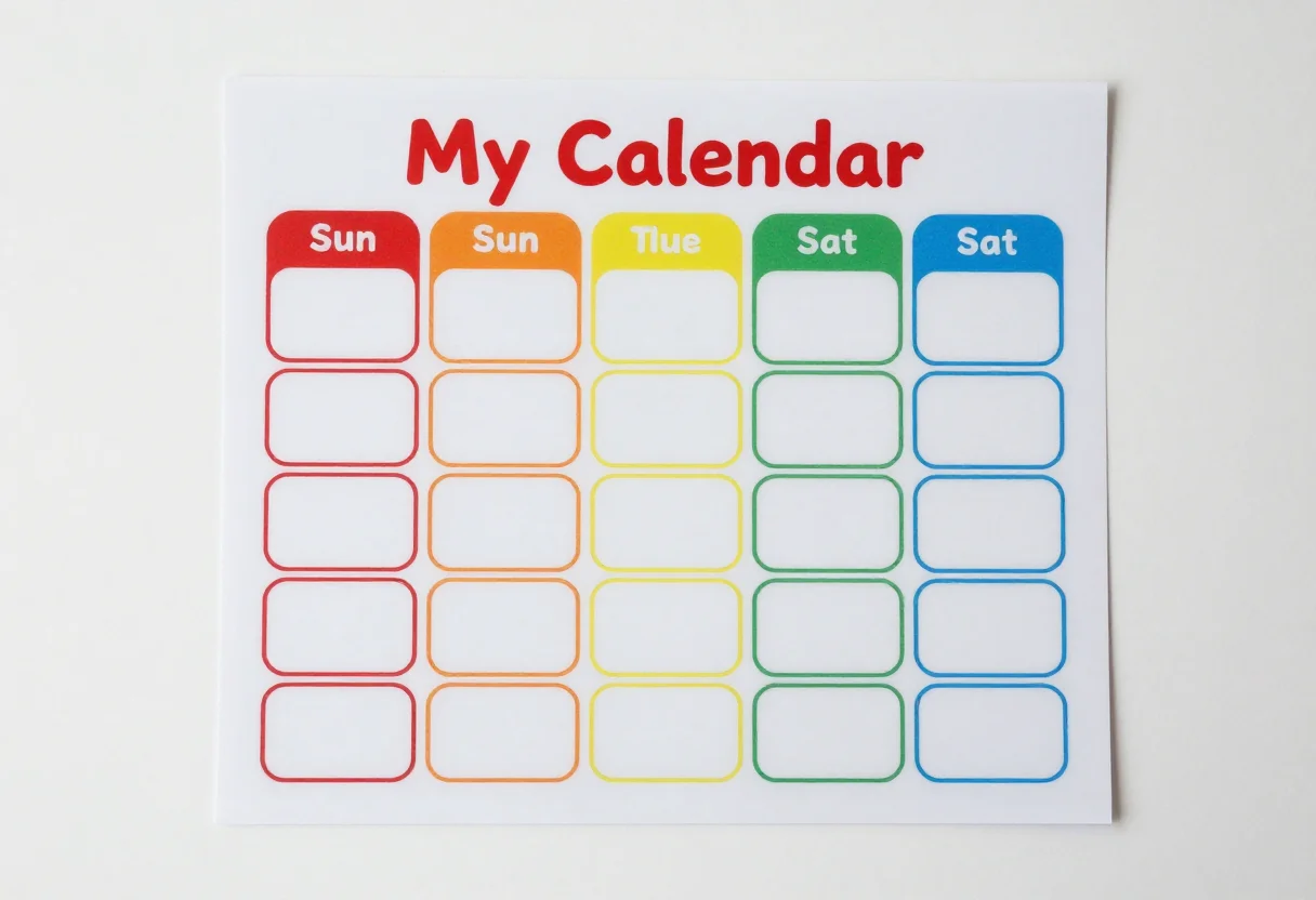 Kids calendars — a landscape month calendar titled "My Calendar" with an empty month line, seven columns "Sun" to "Sat" and five rows of large empty date boxes, a bright rainbow printable page, rounded boxes with a different colour for each section, a bold bubbly title and a cheerful flat finish