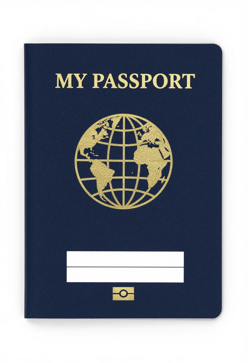Kids passports — a passport cover with a globe emblem, "MY PASSPORT" in gold capitals and a blank line for the traveller's name, a classic passport booklet design with a guilloche pattern and fine rules