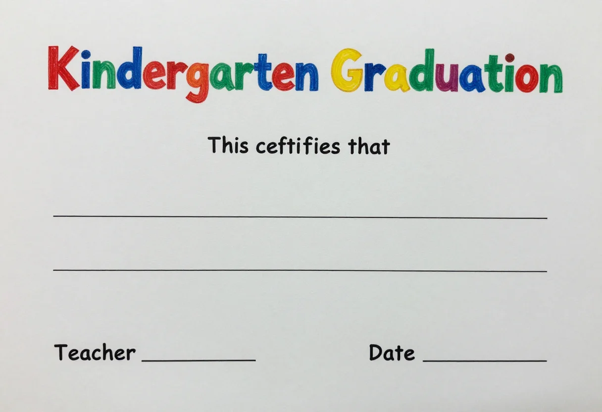 Kindergarten graduation certificates — a horizontal certificate titled "Kindergarten Graduation" at the top, "This certifies that" above a long blank name line, and two short signature lines at the foot marked "Teacher" and "Date", waxy crayon scribble textures with wobbly hand-drawn lettering and bold child-friendly shapes