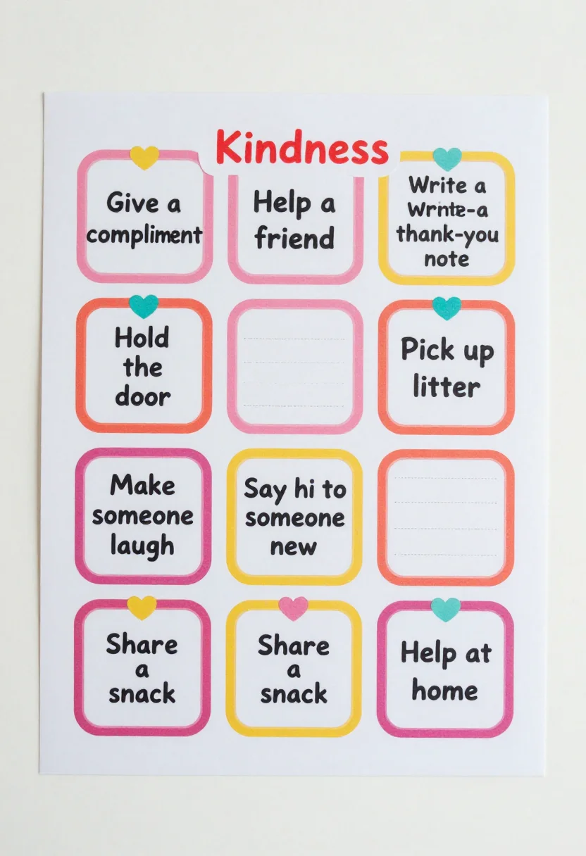 Kindness challenge cards — a sheet of nine cut-out cards with dashed cut lines, reading "Give a compliment", "Help a friend", "Write a thank-you note", "Hold the door", "Pick up litter", "Make someone laugh", "Say hi to someone new", "Share a snack" and "Help at home", a bright printable page, rounded cards with a heart motif, a bold bubbly title and a cheerful flat finish