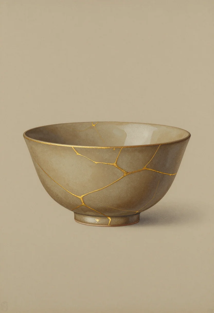 Kintsugi — A tea bowl seen from above: a network of gold seams branching across the glaze from rim to foot, one wider fill where a shard was replaced, the lacquer standing slightly proud, the glaze around it matt and pitted., kintsugi in urushi lacquer dusted with gold powder, the seam slightly raised and warm against a matt glaze