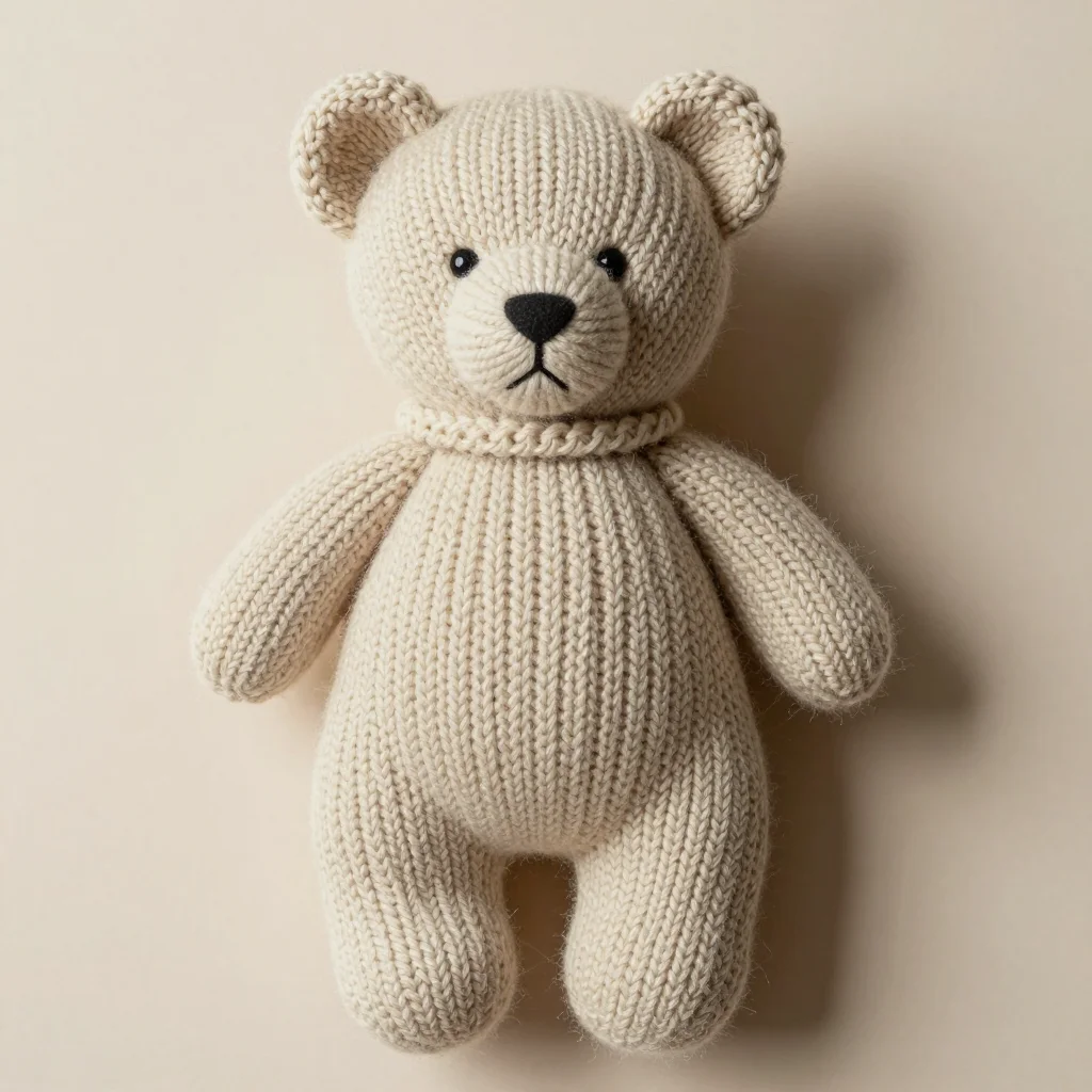 Knitted — A knitted bear worked in the round, the stitch Vs running in visible columns up the body, the arms picked up and knitted on, a purl ridge marking the neck, the yarn's halo softening every edge and the stuffing pressing at the seams., chunky hand-knitted wool, matte with no shine, a thick fibrous halo, stitch Vs large enough to count, edges soft and rounded, broad light from high camera-left so each stitch casts its own small shadow, light and open