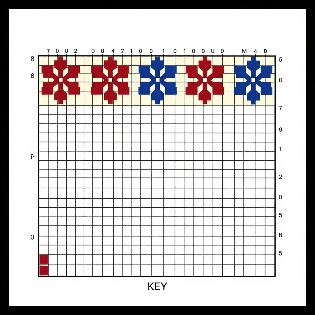 Knitting charts — a Fair Isle snowflake band, an eight-point snowflake alternating with a small diamond peerie across the repeat, a modern printed pattern chart, crisp even ruling, the worked squares blocked flat in colour and the ground squares left white