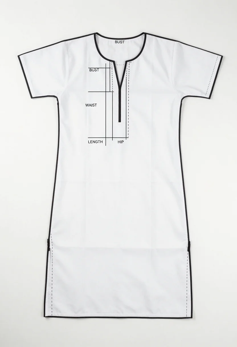 Kurti cutting patterns — a straight kurti cutting diagram drawn on folded cloth, the front and back with lines labelled "BUST", "WAIST", "HIP" and "LENGTH", the side slits marked and a deeper front neck dotted inside the back neck, a clean printable pattern in crisp black lines of one even weight, solid cutting lines and dashed seam lines, with small block-capital labels and measurements