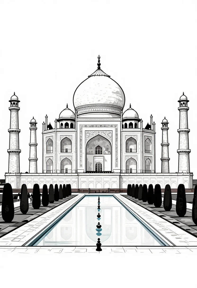 Landmark coloring pages — the Taj Mahal with its white dome, four minarets and the long reflecting pool lined with cypress trees, thick black outline, simplified architecture in large clear shapes