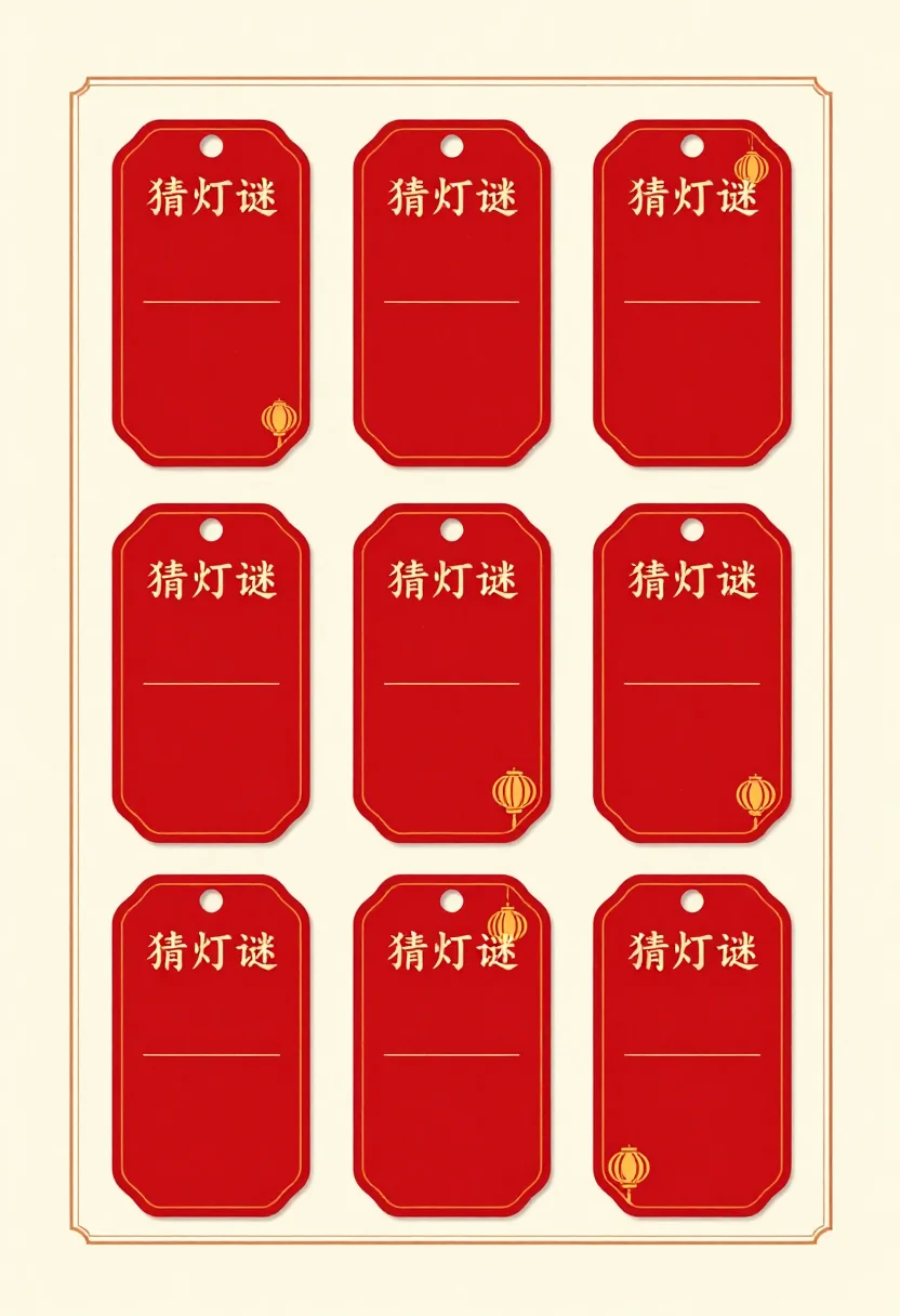 Lantern riddle cards — a sheet of six long red riddle tags in a two-by-three grid, each with a punched hole at the top, the heading "猜灯谜" and two empty lines for the riddle and the answer, bold red cards with gold lantern motifs, thin gold rules and tassels