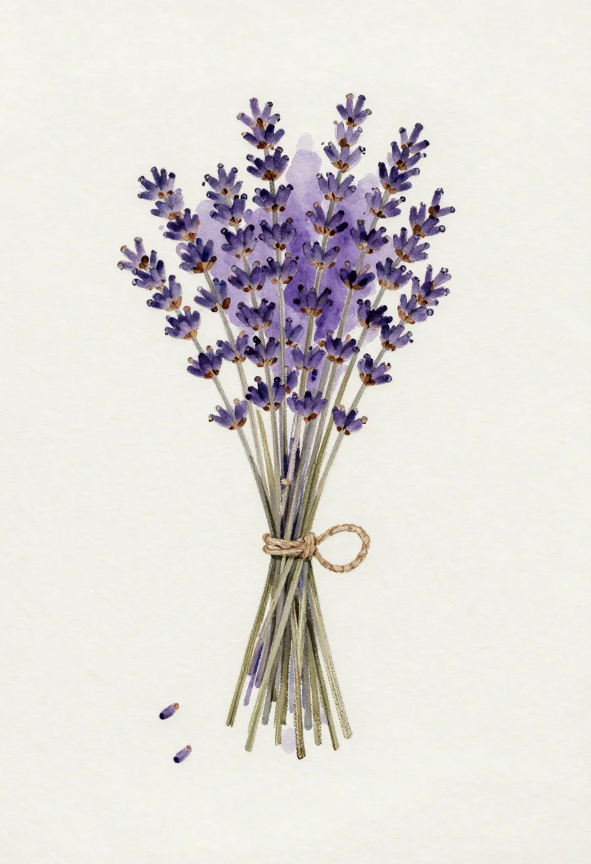 Lavender — a bunch of dried lavender tied with garden twine, the purple spikes fanned above the grey-green stems, a few loose buds fallen on rough linen, painted in loose watercolour, violet washes bleeding softly into the paper and the grey-green drawn in dry single strokes