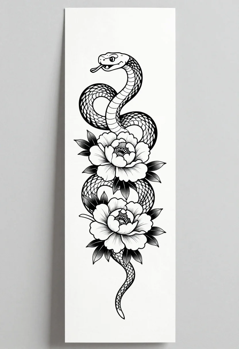 Leg tattoos — a snake coiling down through three open peonies and their leaves, its head near the top, tongue out, single-needle fine line work of one even thin weight, the shapes left open and no shading at all