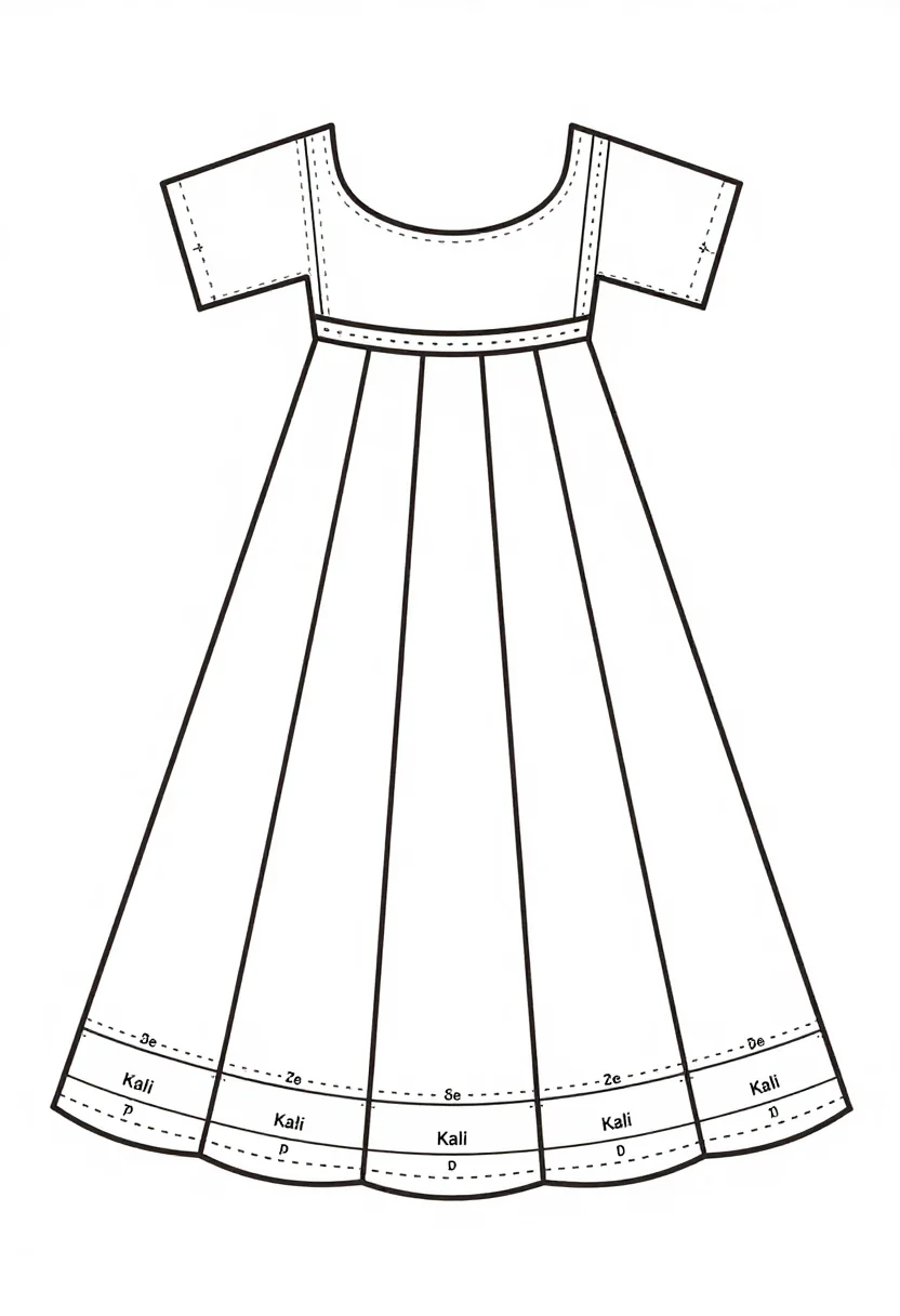 Lehenga cutting patterns — a kalidar lehenga cutting diagram with tapering kali panels laid side by side on the cloth, the waist and hem widths written at each end, the waistband and its side opening drawn above, a clean printable pattern in crisp black lines of one even weight, solid cutting lines and dashed seam lines, with small block-capital labels and measurements