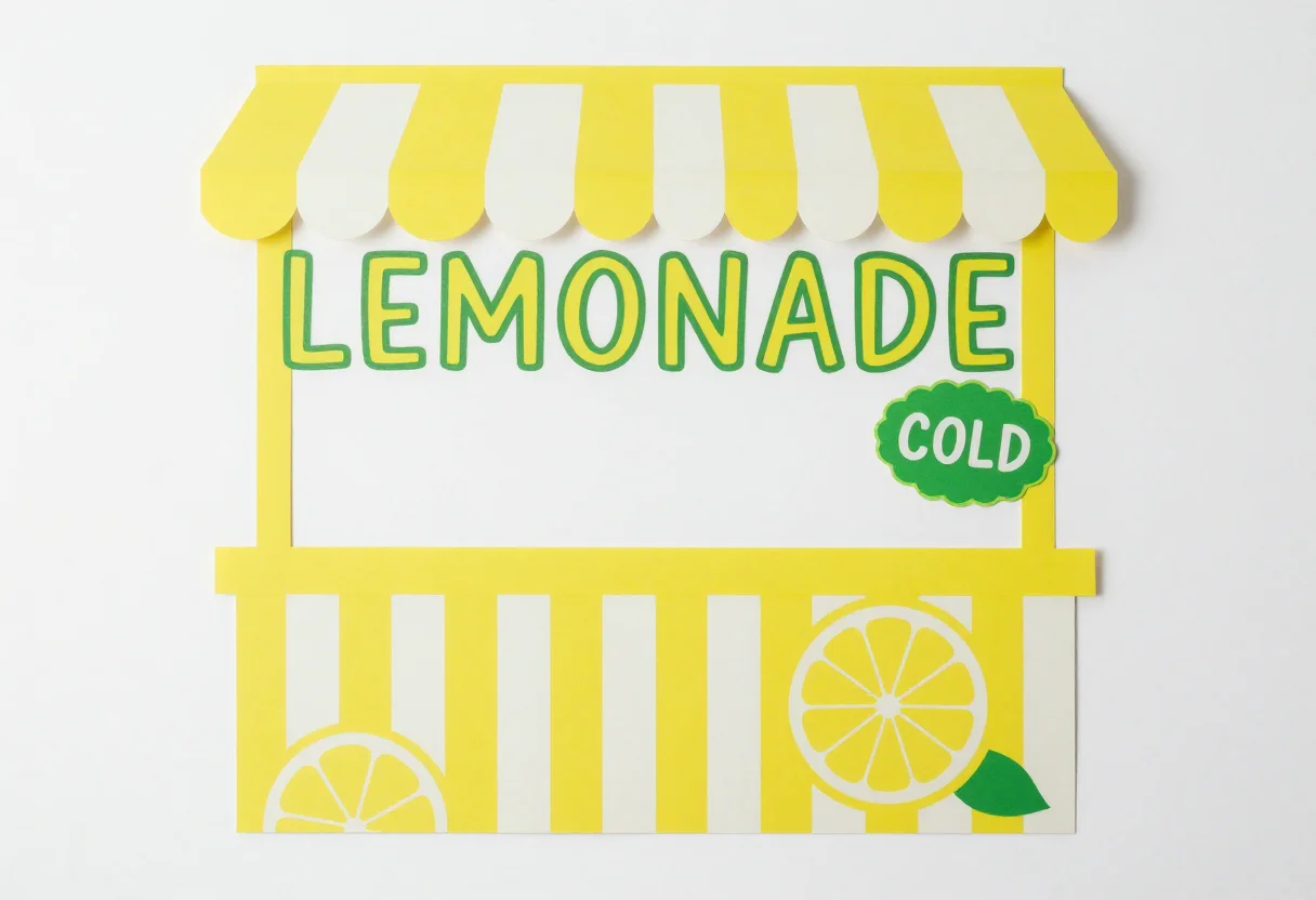 Lemonade stand signs — a wide lemonade stand sign with lemon slices and a striped border, "LEMONADE" in large hand-lettered capitals and "COLD" on a small badge, a bright flat summer design with lemon slices and bold hand-lettered capitals