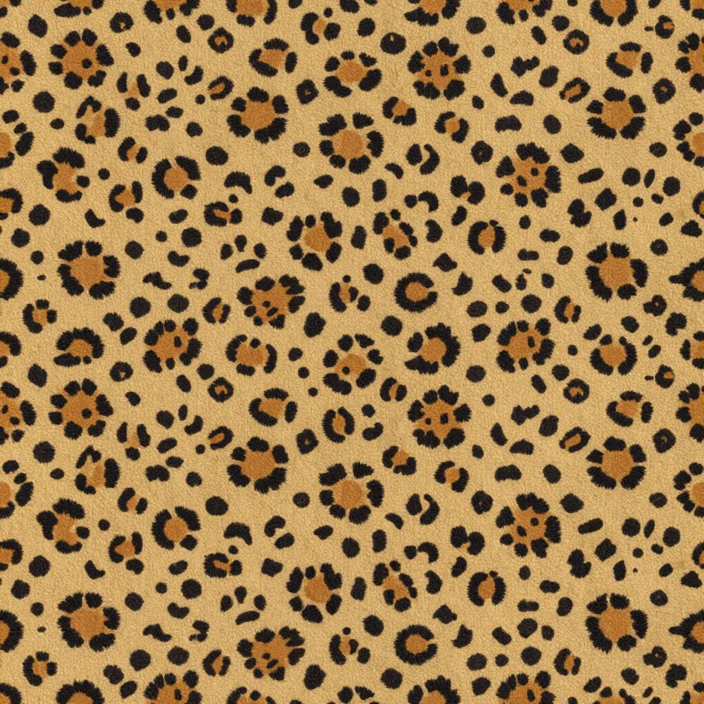 Leopard print — Rosettes the size of a lentil, each a broken ring of dark marks around a slightly warmer centre, scattered densely at random over a tawny ground with small solid spots filling the gaps., leopard repeat, broken rings of two or three crescent marks around a warmer centre, solid spots filling between them, the density irregular and the ground shading warm to pale, soft fur edges over a warm shaded ground
