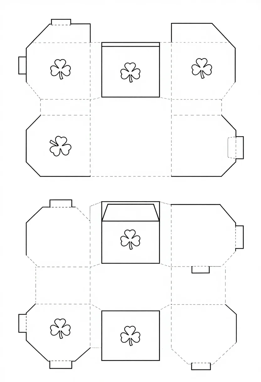 Leprechaun trap templates — the flat net of a small box with a trapdoor lid, solid cut lines and dashed fold lines, glue tabs on the edges and a tiny shamrock on each face, craft template line drawing, uniform medium outline, solid lines to cut and dashed lines to fold, glue tabs marked as plain shapes