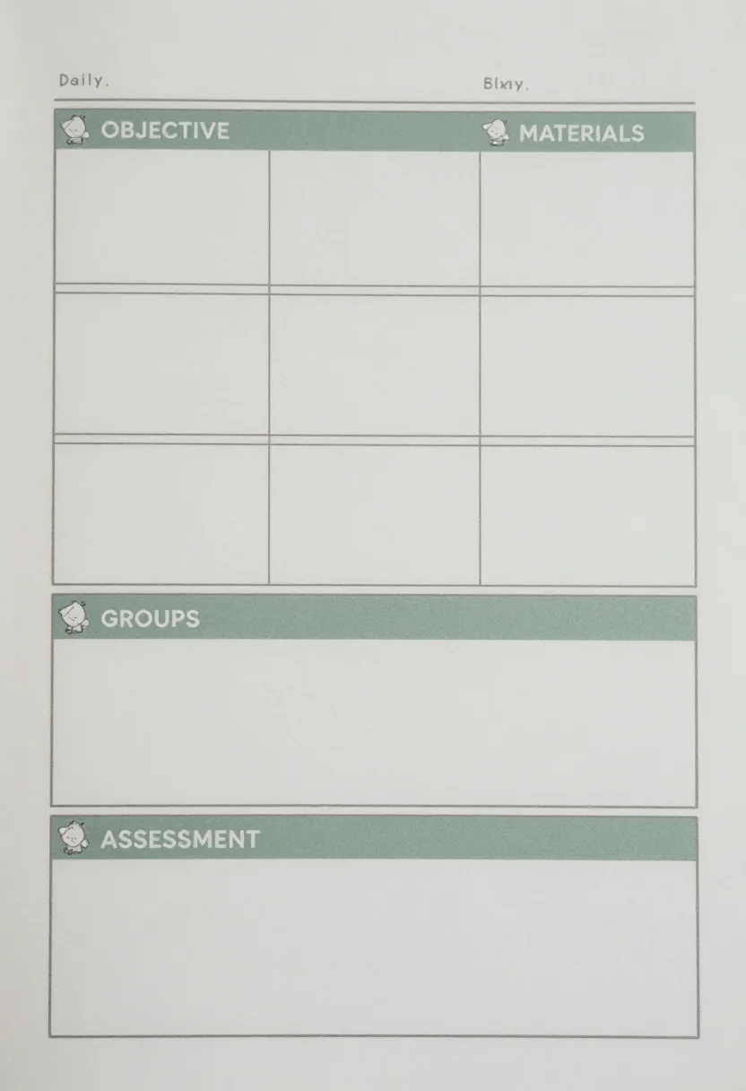 Lesson plan templates — a daily plan under a blank date band, ruled into five stacked sections each headed by a small drawn icon and a label — "OBJECTIVE", "MATERIALS", "LESSON", "GROUPS" and "ASSESSMENT" — every section left empty, drawn as a minimal planner in thin grey rules with one accent colour, a light sans-serif heading and wide empty space