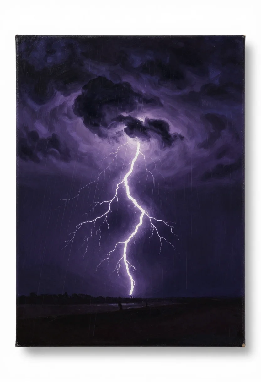 Lightning — a night storm over a flat plain, three forked bolts striking down from a dark cloud bank and rain sheeting on one side, a painted storm scene, wet light along the cloud bellies and deep purples brushed into black, the canvas tooth showing through the darks