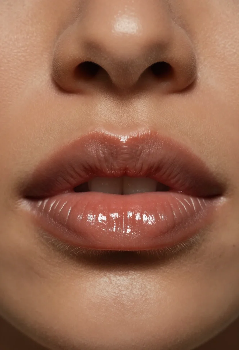 Lip combos — lips lined in a deep brown pencil blended inward, a clear high-shine gloss on the center, the edge crisp and the center catching the light, a macro beauty close-up of closed lips filling the frame, the liner edge and every lip line sharp