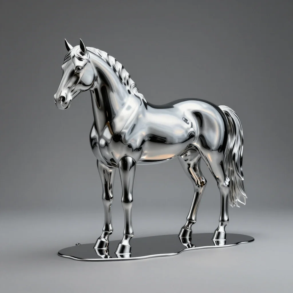 Liquid chrome — A horse poured in liquid chrome, its body a single mirrored mass with the muscle forms reading only as bands of reflected light and dark, the mane resolving into flowing ribbons, the hooves melting into a mirrored puddle., polished liquid chrome, an unbroken mirror finish with no diffuse at all, no grain, edges reading as the reflection's hard turn, a broad gradient of light entering from high camera-left, high contrast with black reflected bands