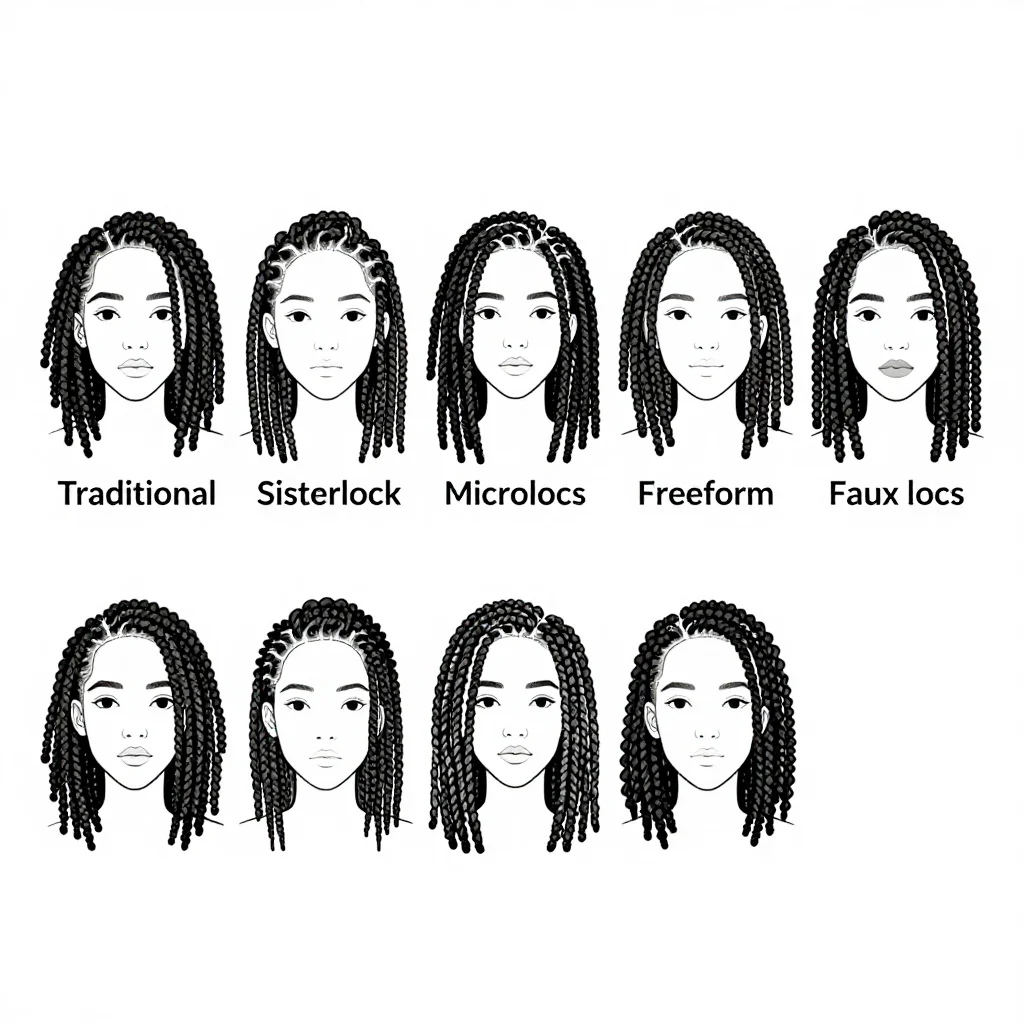Loc style charts — a row of five heads labelled "Traditional", "Sisterlocks", "Microlocs", "Freeform" and "Faux locs", the width and texture of the locs drawn distinctly on each, uniform black line art with each loc drawn as an outlined textured rope