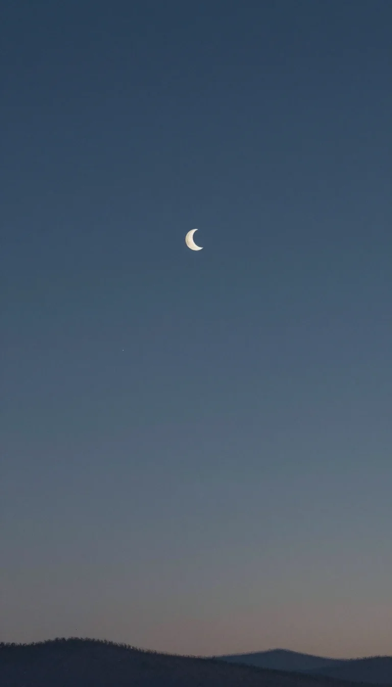 Lock screens — a deep blue night sky with a crescent moon low in the frame, a scatter of stars and a thin line of hills along the bottom edge, soft painted wallpaper, gentle washes and fine grain, the brushwork loose and quiet