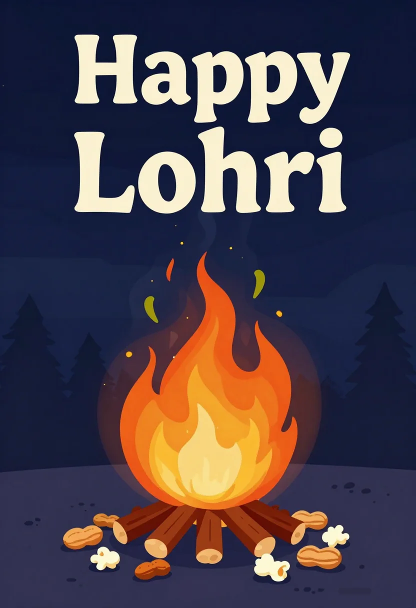Lohri posters — a tall Lohri bonfire under a dark winter sky, sparks rising, a ring of peanuts, popcorn and rewri on the ground around it, "Happy Lohri" lettered large across the top, flat vector poster illustration, bold clean shapes, smooth gradient-free fills, no outlines