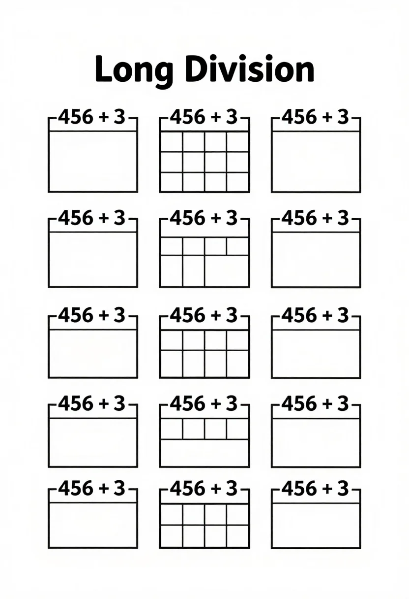 Long division sheets — a worksheet headed "Long Division" with twelve problems such as "456 ÷ 3" each set under a long division bracket with squared space below for the working, a crisp black-and-white school worksheet, clean uniform black lines, tidy sans-serif lettering, ruled boxes and any pictures as simple line drawings