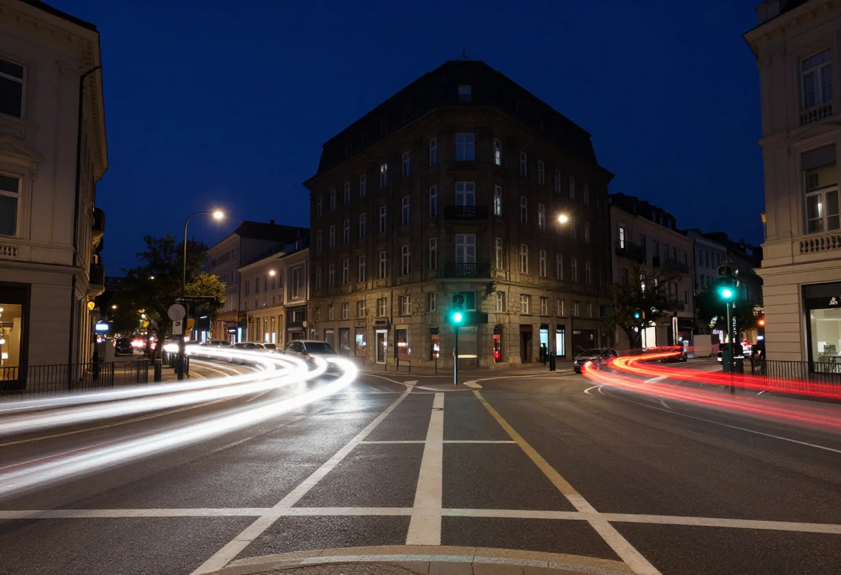 Long exposure — a city intersection at night seen from a footbridge, the traffic reduced to red and white ribbons curving through the junction while the buildings stay sharp, one signal frozen green and the sky deep blue, rendered clean and modern with no noise at all, the smear left smooth and continuous and everything that held still rendered razor sharp