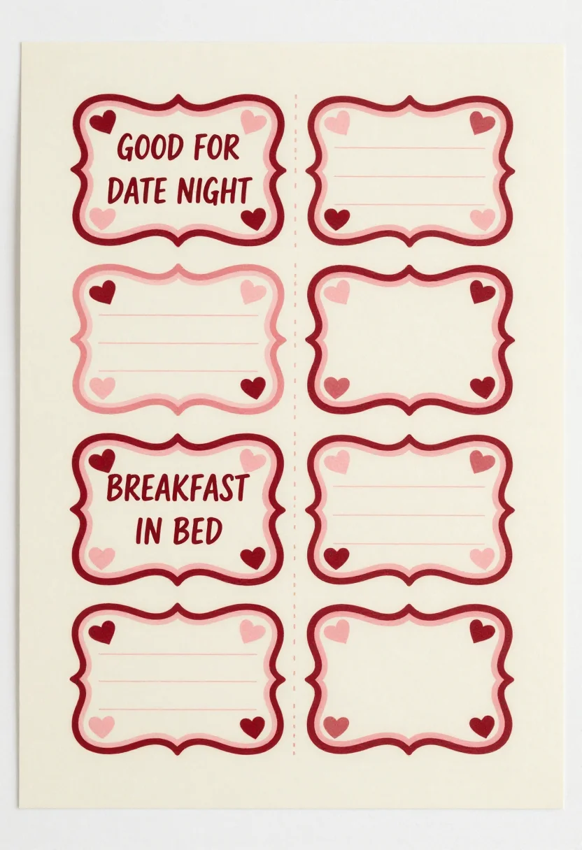 Love coupons — a page of six love coupons with heart borders, one reading "GOOD FOR ONE DATE NIGHT", one "BREAKFAST IN BED" and four left blank with a line, a romantic print with heart borders and flowing script
