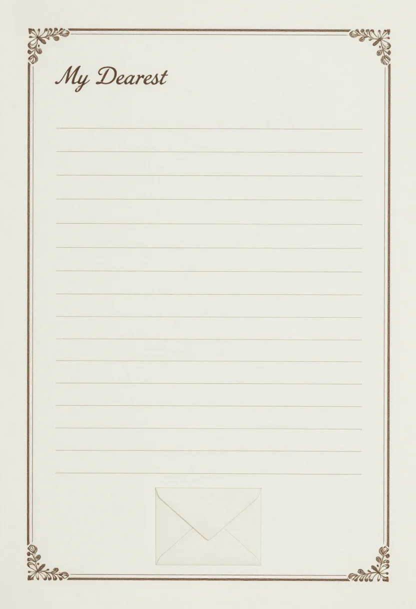 Love letter templates — a letter page headed "My Dearest" with a blank line after it, fifteen evenly ruled lines left empty and a small sealed envelope drawn at the foot, vintage stationery with a thin engraved border, small botanical corner flourishes and fine ruled lines