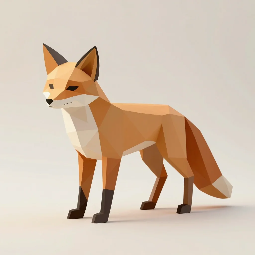 Low poly — A fox built from a few hundred flat triangles, the muzzle a sharp wedge, the ears two clean planes, the tail broken into long facets, each face taking a slightly different tone so the form reads as a shattered silhouette., flat-shaded low poly, no specular at all and no grain, every facet a single tone with hard creased edges, broad light from high camera-right so each plane steps a tone lighter or darker, light and open