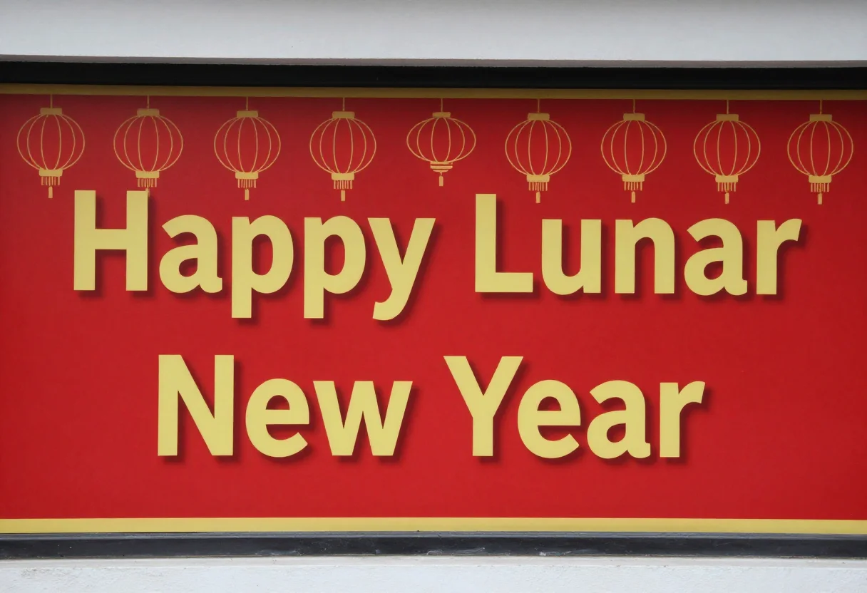 Lunar New Year banners — a wide red banner reading "Happy Lunar New Year" in gold, a row of round lanterns hanging along the top edge, bold flat graphic design, thick gold lettering and hard-edged motifs, a thin gold border