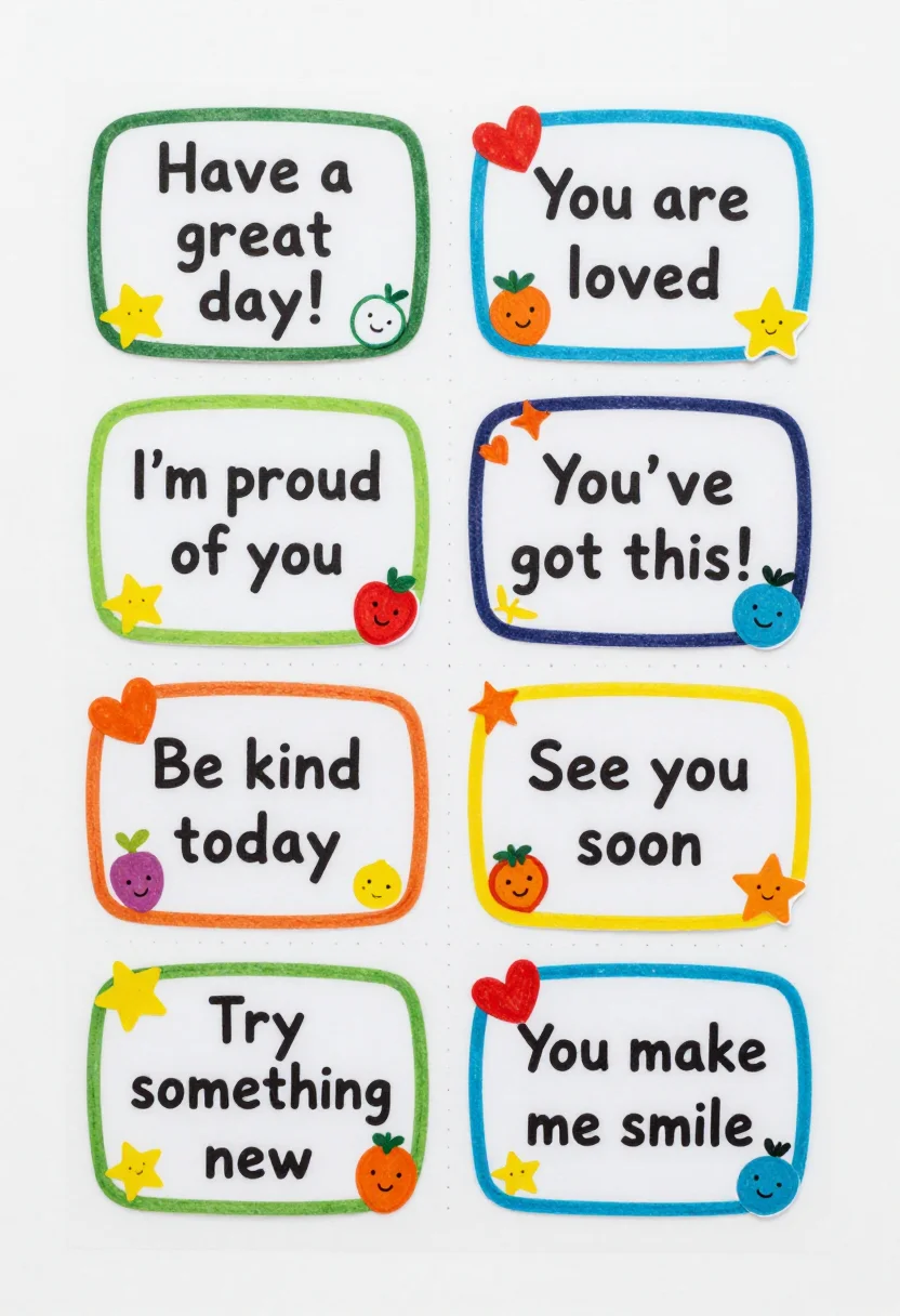 Lunchbox notes — a sheet of eight cut-out note cards with dashed cut lines, reading "Have a great day!", "You are loved", "I'm proud of you", "You've got this!", "Be kind today", "See you soon", "Try something new" and "You make me smile", cheerful hand-drawn children's illustration with chunky crayon outlines, rounded shapes and friendly hearts, stars and fruit doodles