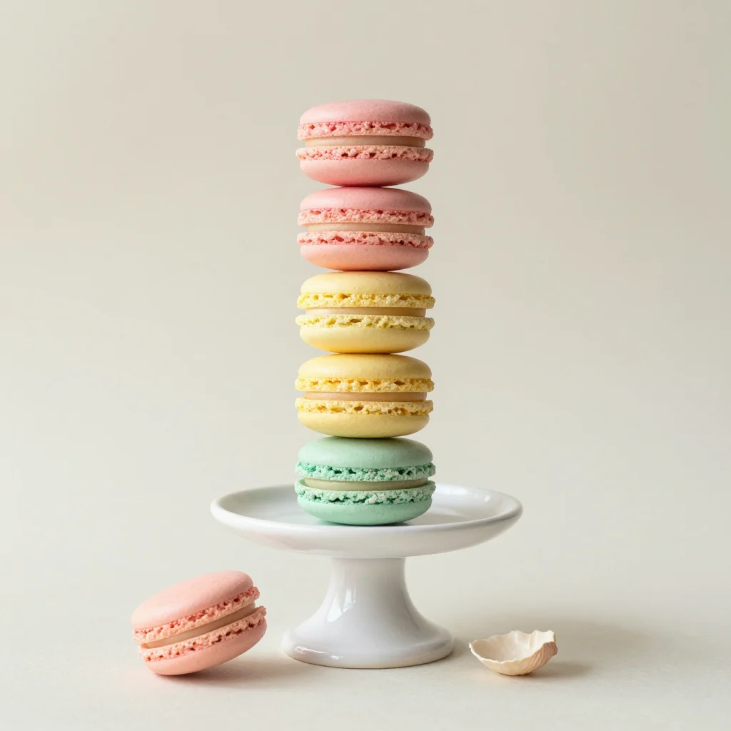 Macarons — a tall stack of macarons graded pink through peach and lemon to mint, balanced on a small cake stand with two loose shells at its foot, a soft pastel photograph, gentle diffused daylight from camera-left, the balance high and airy with shadows barely darker than the surface they fall on