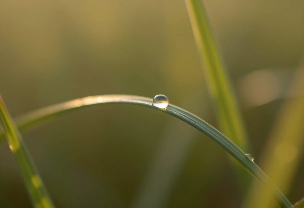 Macro — a single dewdrop on the edge of a grass blade with a tiny inverted flower refracted inside it, the blade sharp for a few millimetres and dissolving into a green-gold blur, at razor-thin focus with creamy bokeh and soft natural morning light