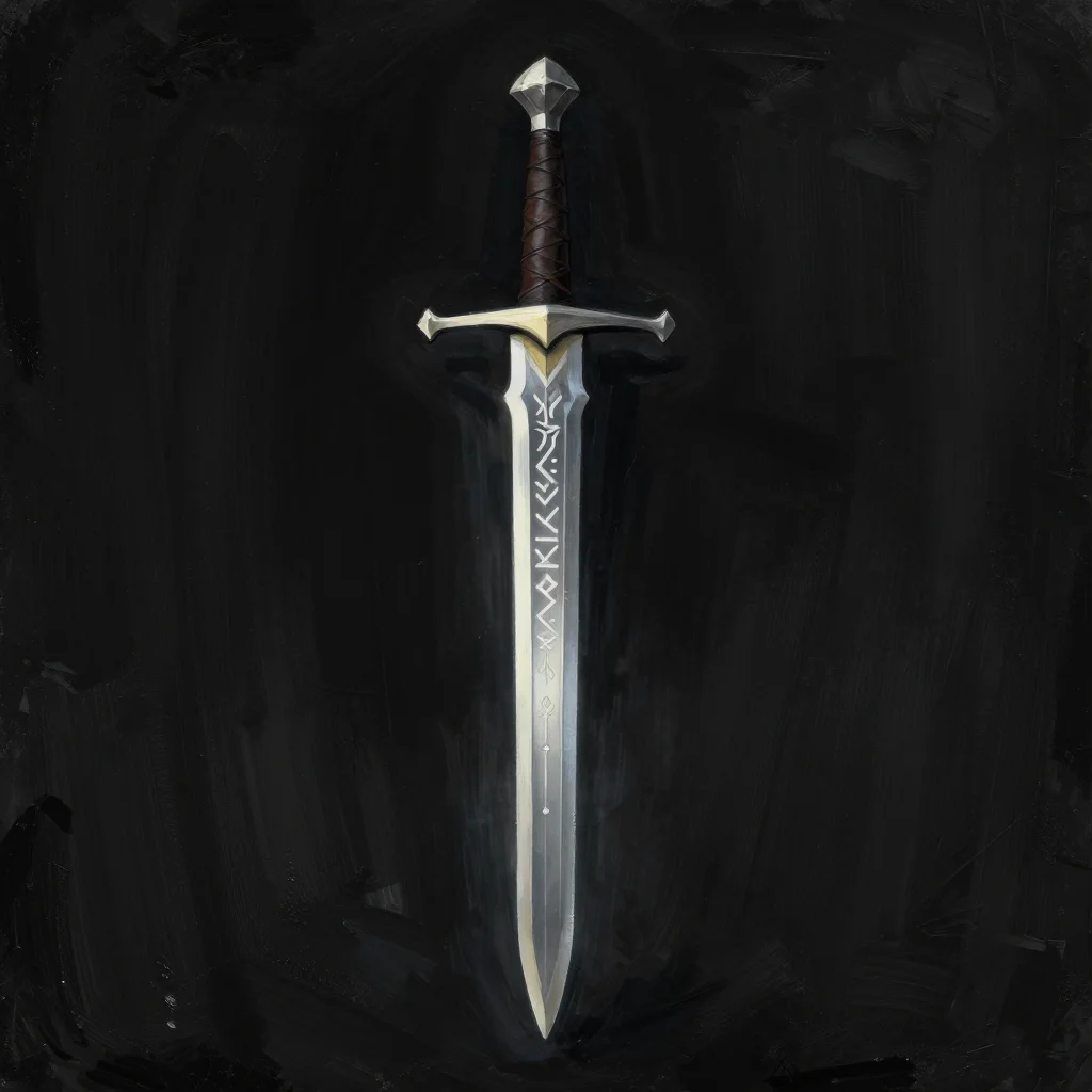 Magic item illustrations — a straight longsword standing point-down, pale runes lit along the fuller, a wrapped leather grip and a notched steel crossguard, rendered as a painted item-card panel, thick oil-like brushwork, a soft aura coming off the object and a deep falloff into the dark behind it