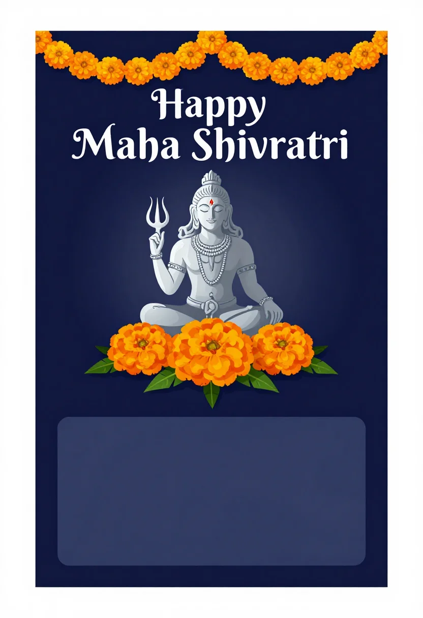 Maha Shivratri cards — a vertical card with a shivling garlanded in marigolds under three bel leaves, "Happy Maha Shivratri" lettered across the top and a blank panel below for the sender's name, flat vector illustration with soft gradient-free fills, deep night sky and silver line details