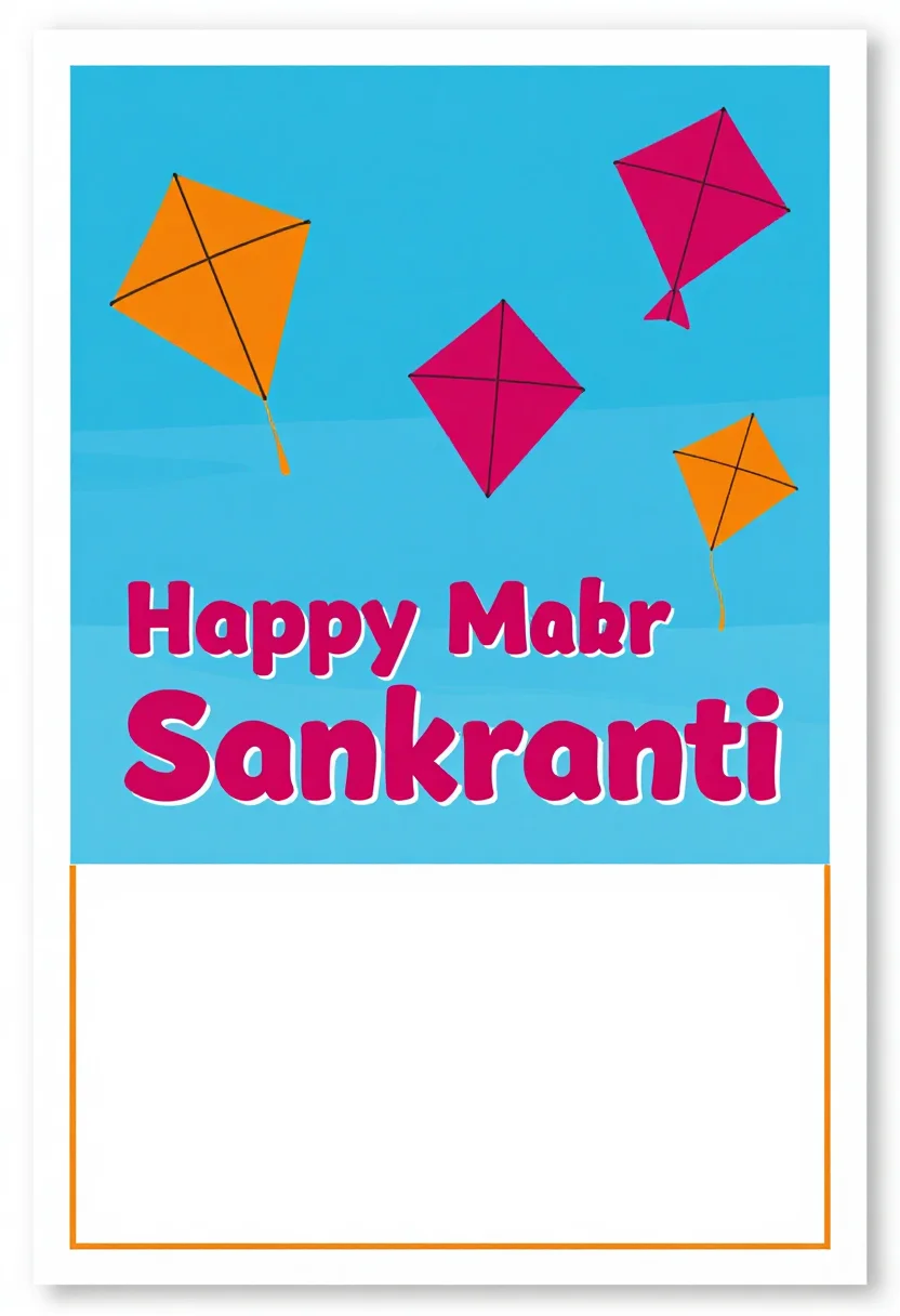 Makar Sankranti cards — a vertical card with bright kites crossing a blue sky, "Happy Makar Sankranti" lettered across the middle and a blank panel at the bottom for the sender, flat vector illustration with bold geometric shapes and no outlines