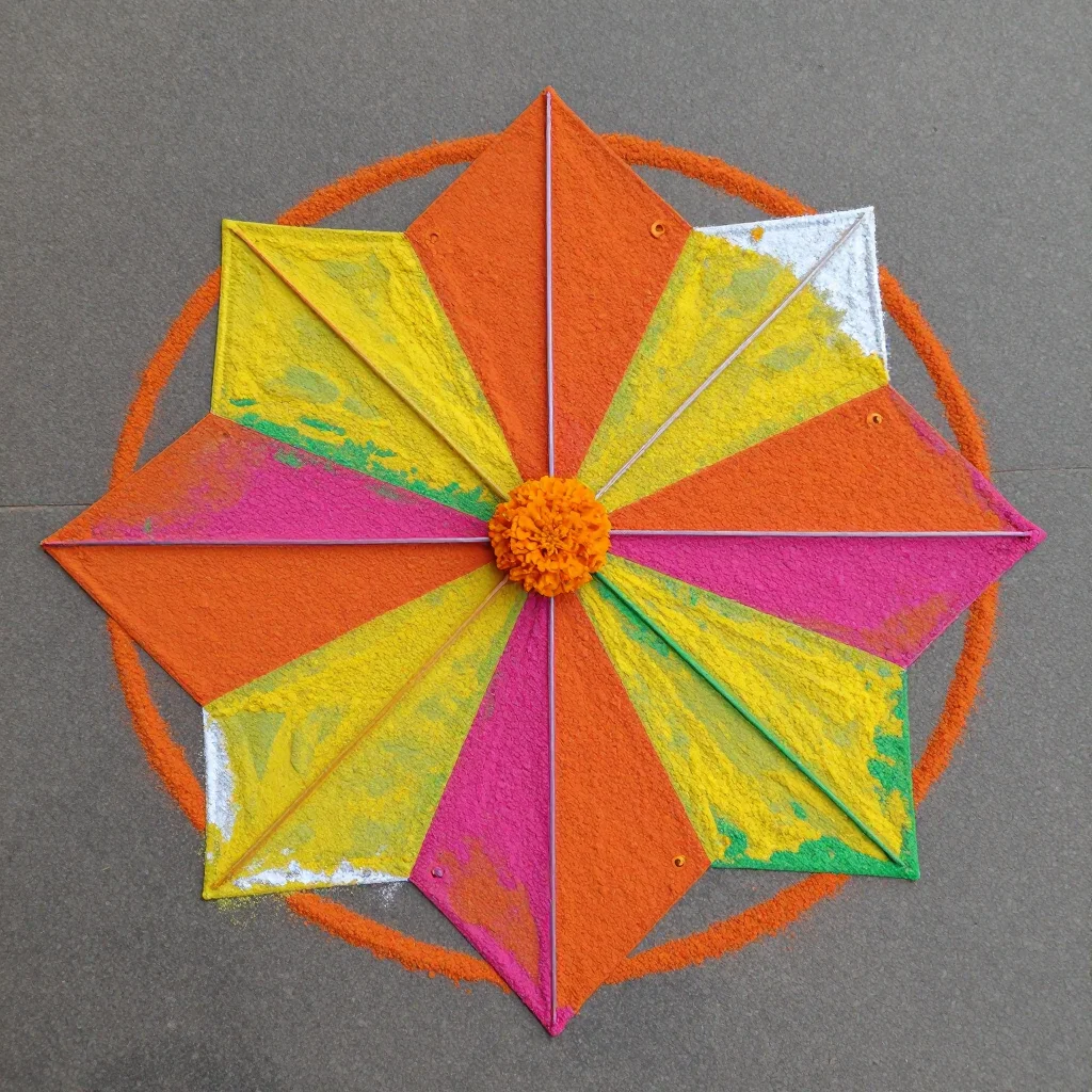 Makar Sankranti rangoli — a round rangoli of four patang kites pointing outward from a marigold centre, their strings curling into the border, laid in fine coloured powder, soft grainy edges and smooth heaped lines