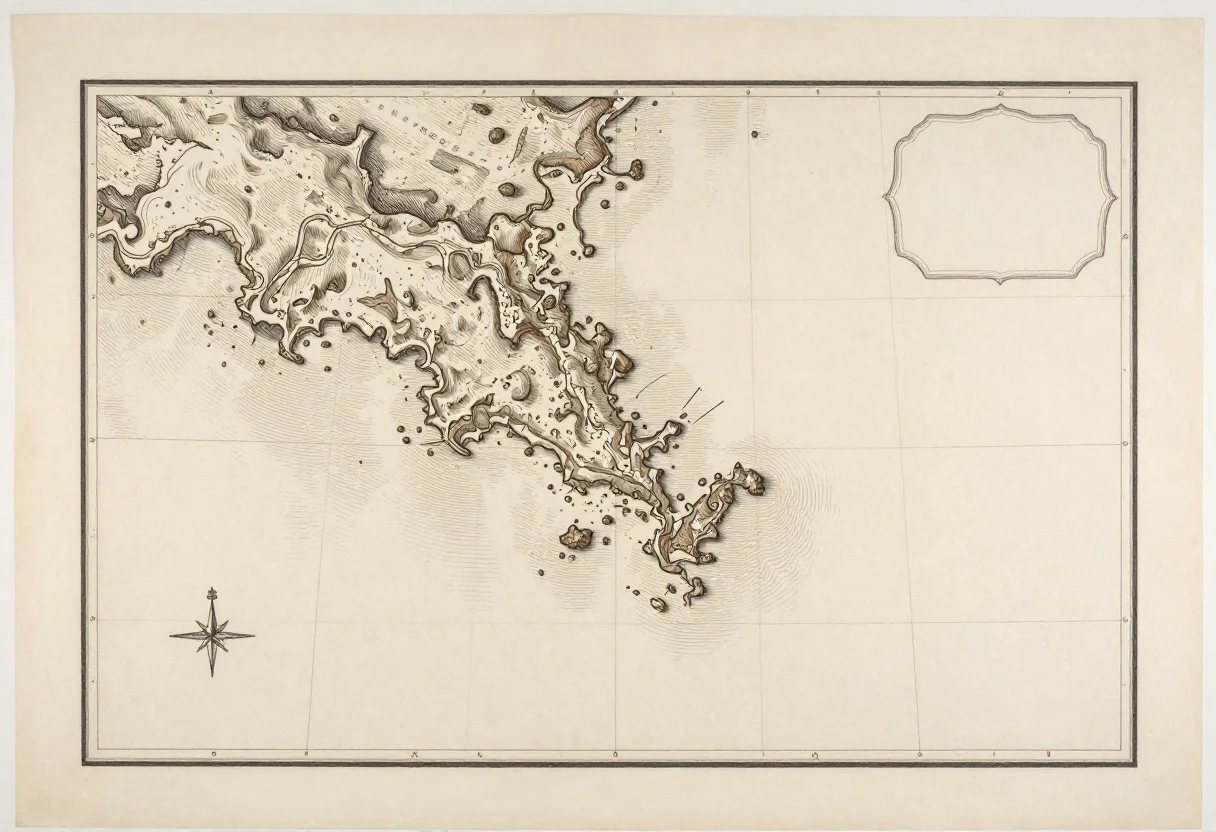 Vintage map prints — a rugged coastline with hatched shallows, depth soundings, a scattering of small islands and a compass rose, a fine copperplate engraving, thin uniform hatched line work with dense cross-hatching for depth