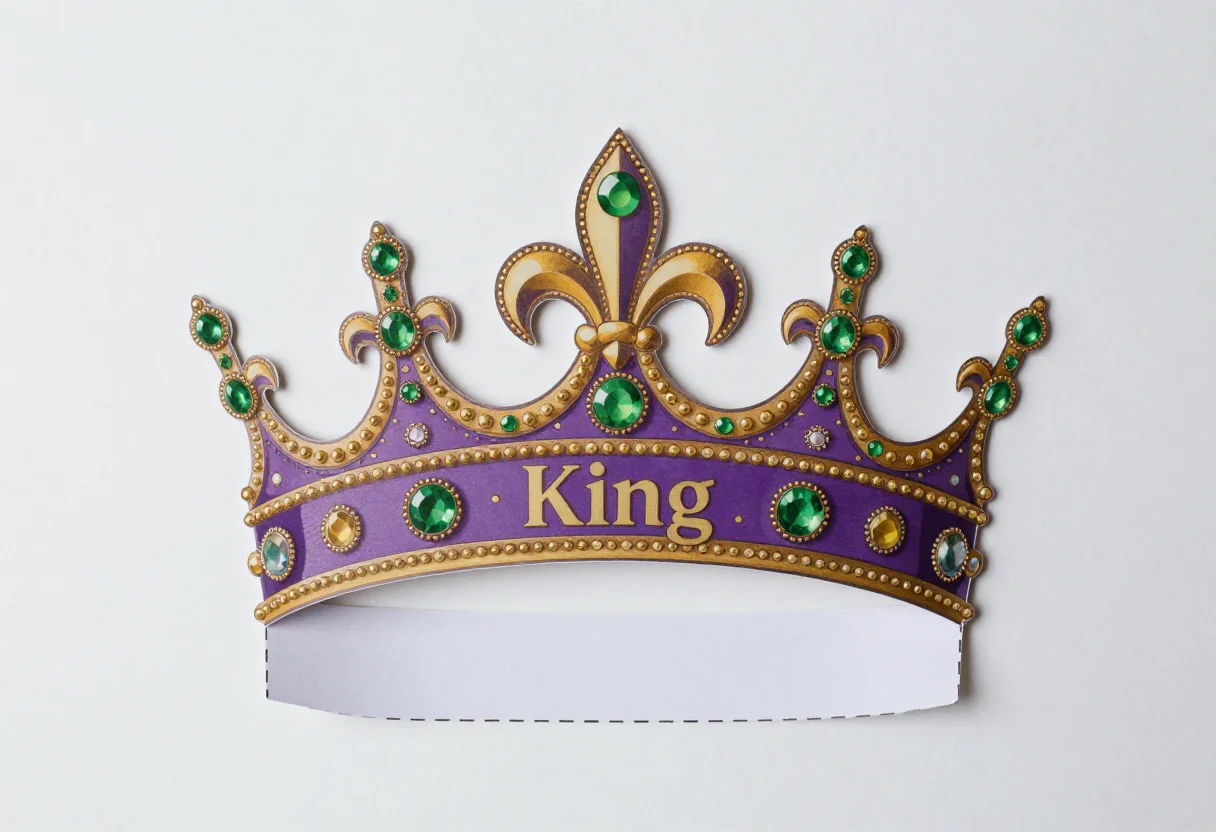 Mardi Gras crowns — a paper crown strip with five pointed peaks, a fleur-de-lis on the centre peak, round painted jewels along the band and "King" lettered in the middle, a dashed cut line and a tab at each end, jeweled royal crown illustration, faceted gems, gold filigree and fine outlines