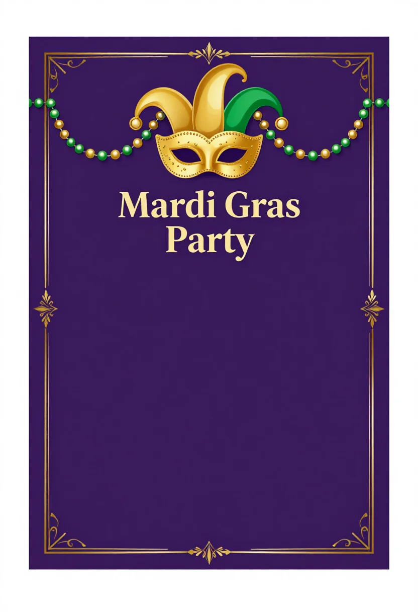 Mardi Gras invitations — a vertical invitation headed "Mardi Gras Party" with a jester mask and strings of beads across the top and a large empty panel below for the host to write the details, art deco gilded stationery, symmetrical ornament, thin gold flourishes, serif capitals