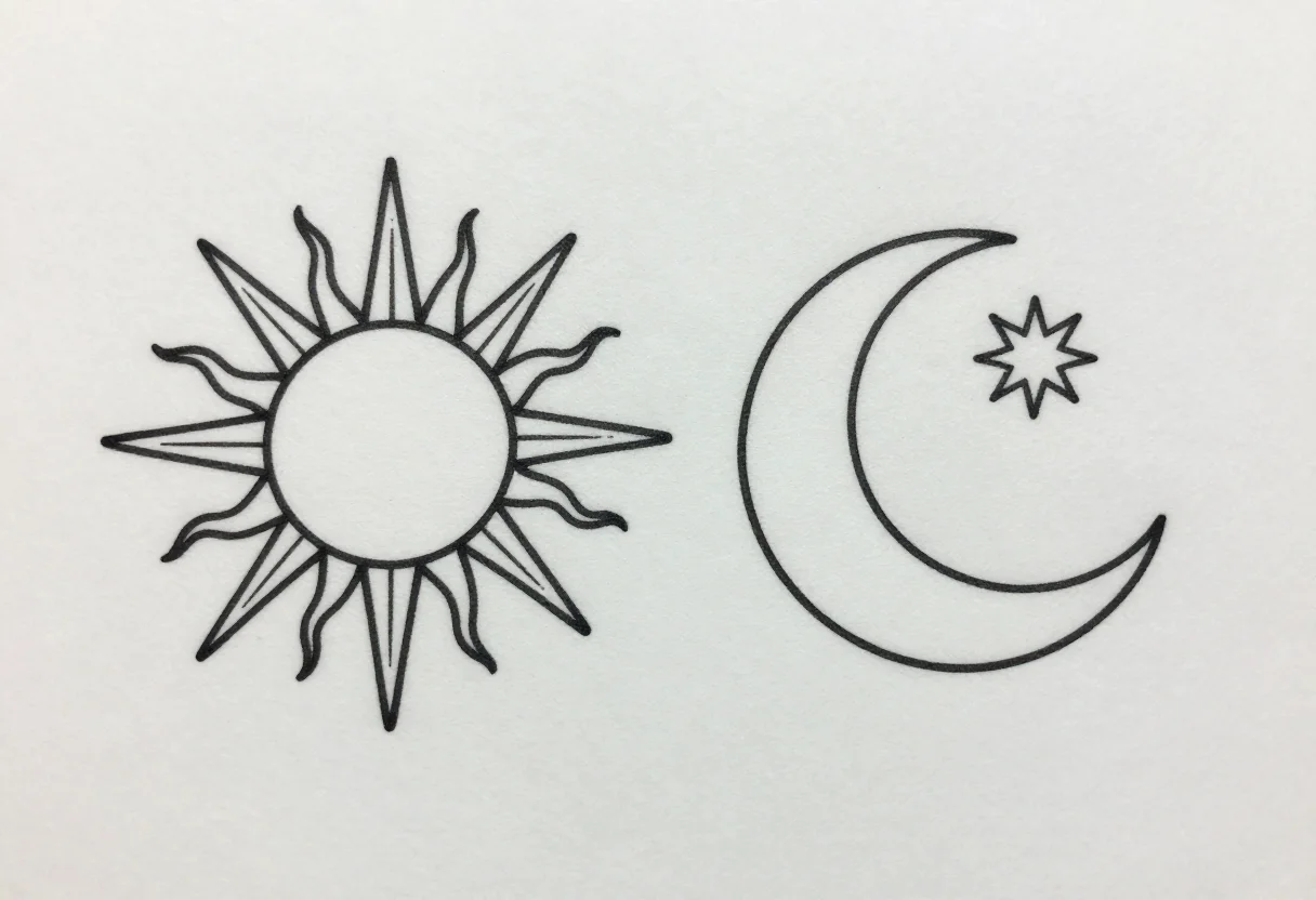 Matching tattoos — a sun with straight tapering rays and a crescent moon cradling one small star, single-needle fine-line tattoo drawing, one uniform hairline stroke, no shading, no gray tones, no color, no fills