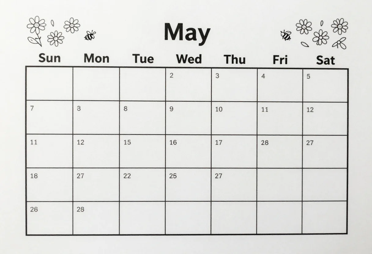 May calendar pages — a blank monthly calendar page headed "May" in large letters, seven columns titled "Sun" "Mon" "Tue" "Wed" "Thu" "Fri" "Sat", five rows of large empty day boxes for the user to number and fill, and a thin border of daisies and a bee, clean black ink printable, uniform thin black rules and crisp square boxes, small line-drawn border motifs, no shading