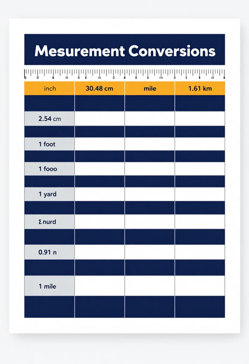 Measurement conversion charts — a length conversion table with rows for 1 inch = 2.54 cm, 1 foot = 30.48 cm, 1 yard = 0.91 m and 1 mile = 1.61 km, a ruler drawn along the top edge, a clean modern infographic with thin rules, a bold header band and tidy columns