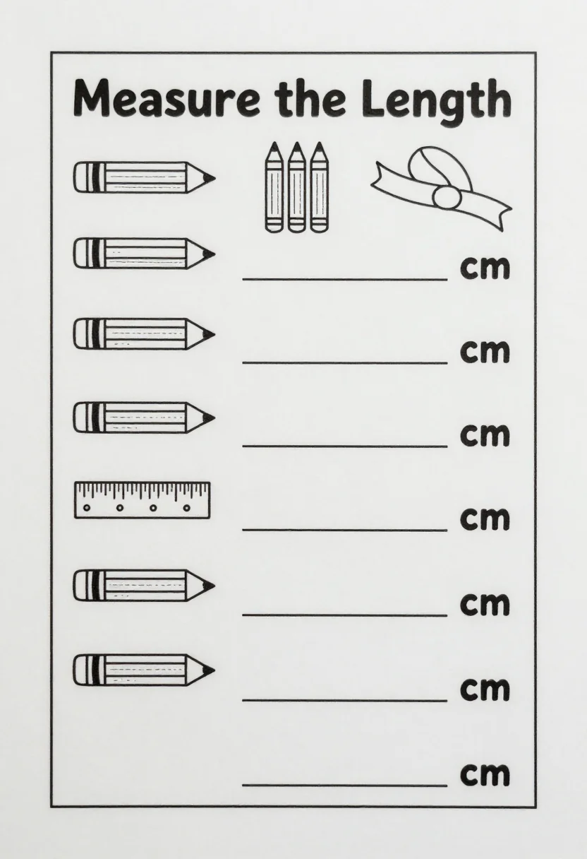 Measurement worksheets — a worksheet headed "Measure the Length" with six pencils, crayons and ribbons drawn above a printed centimetre ruler, an empty line "__ cm" after each, a clean school photocopy sheet, crisp black lines, a simple bold sans-serif heading, tidy even rows and nothing decorative